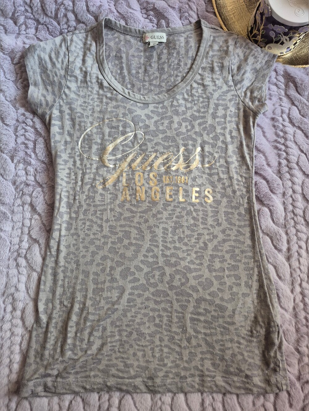 Sheer Guess Grey Leopard Print Scoopneck T Shirt With Gold And Rhinestone Detail